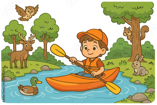 Cute cartoon boy kayaking on a river. Summer water sport adventure. Child paddling a canoe in nature with forest animals like deer, owl, and squirrel. Outdoor recreation vector.