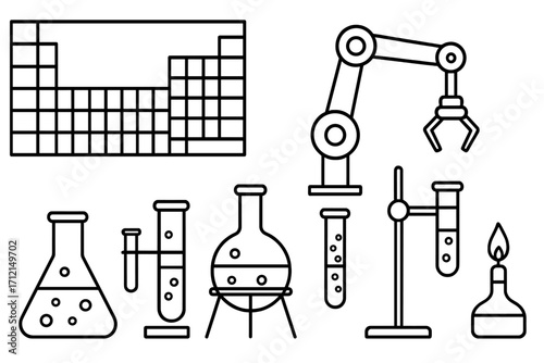 Science lab equipment icon set. Chemistry, physics research concept. Periodic table, robotic arm, test tube, flask, bunsen burner. Vector line art for education, experiment.