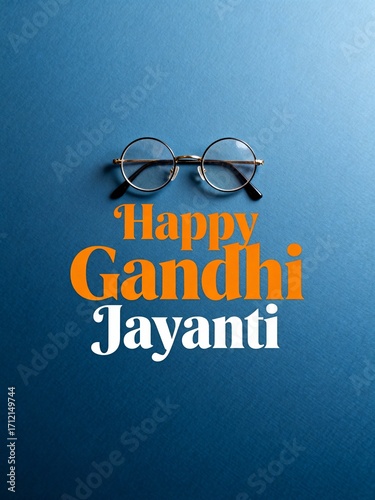 Happy gandhi jayanti text with round spectacles on a blue textured background, a tribute to mahatma gandhi