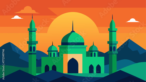 Green mosque against sunset illustration
