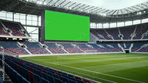 Modern Empty Sports Stadium with Large Green Screen Scoreboard. Vast Arena Ready for Game Day, Event, Advertising, or Digital Content Display.