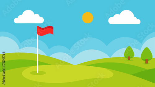 Golf course landscape with flag and sun
