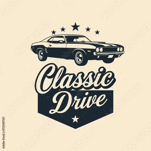 A vintage muscle car with the words "Classic Drive" emblazoned below it, set against a neutral background.