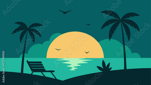 Tropical beach scene with sunset and palms