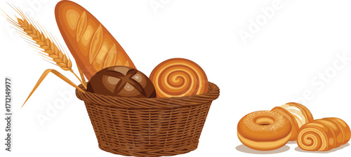 Fresh bakery bread basket, croissant, donut, pastry, wheat, artisan baked goods, breakfast rolls, swirl bun, food illustration, bakery products