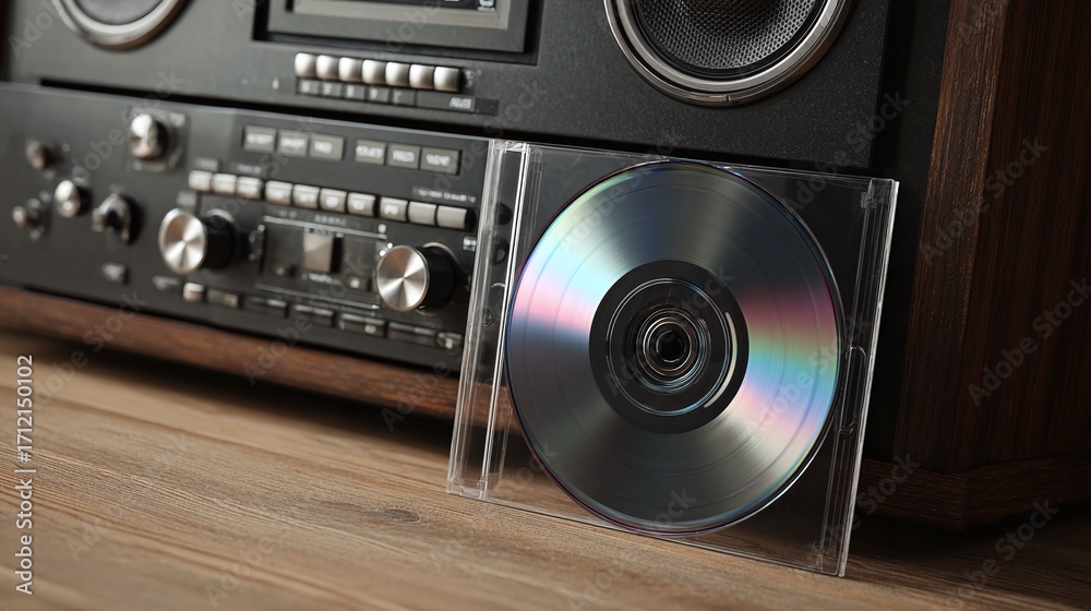 Fototapeta premium Audio System and Disc: A close-up features a classic audio system alongside a disc in its jewel case, capturing a moment of musical nostalgia.
