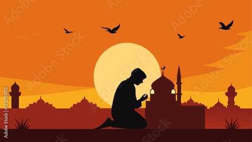 Islamic silhouette, mosque landscape, sunset background, prayer icon, religious vector