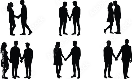 Romantic couple silhouettes, gay couple silhouettes, love relationship illustration, LGBTQ romance concept, holding hands, kissing, friendship, dating, affection, togetherness
