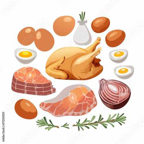 Ein Set aus frischem, rohem Hühnerfleisch und Eiern als Vektorillustration