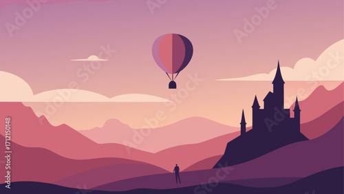 Fantasy landscape, hot air balloon, castle, mountains, purple pink sunset