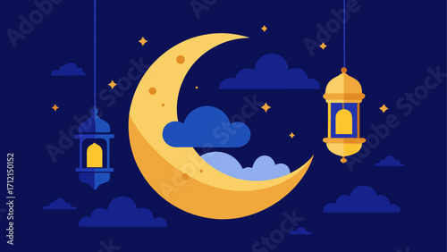 Islamic crescent moon, Ramadan lanterns, night sky, blue clouds, yellow moonlight