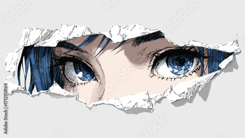 Manga Eyes Peeking Through Paper Tear - Anime Girl Illustration