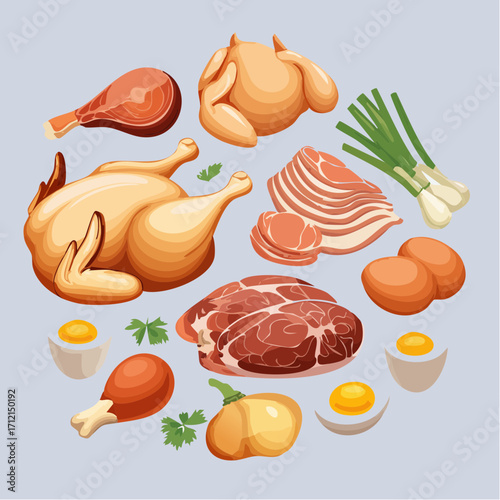 Ein Set aus frischem, rohem Hühnerfleisch und Eiern als Vektorillustration