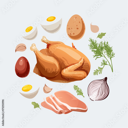 Ein Set aus frischem, rohem Hühnerfleisch und Eiern als Vektorillustration