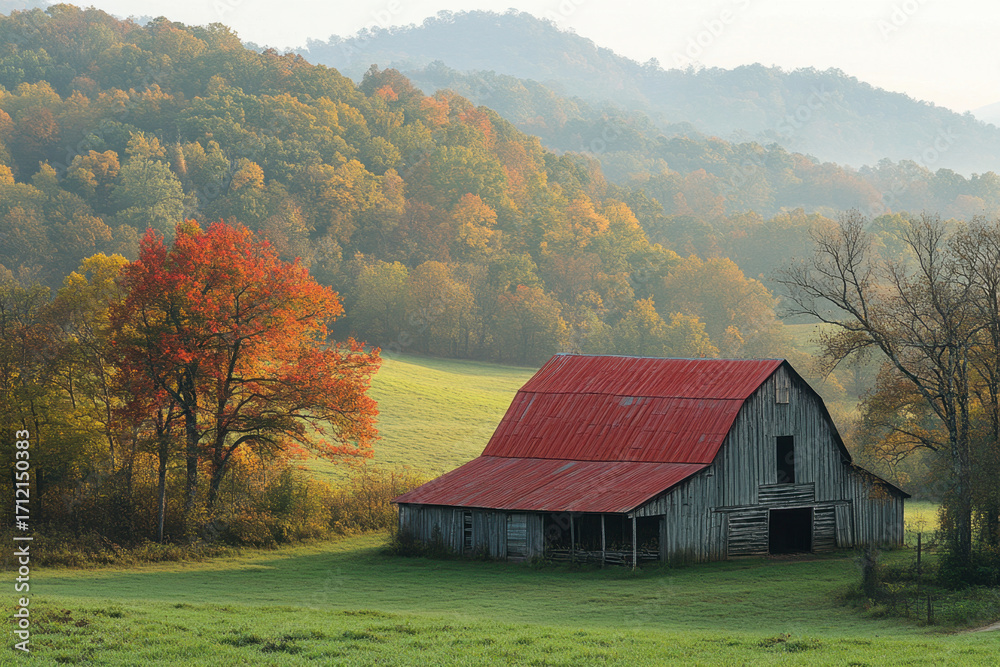 Obraz premium Red-roofed barn in field.