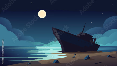 abandoned shipwreck, beach, night, moonlight, sea, ocean, wreckage