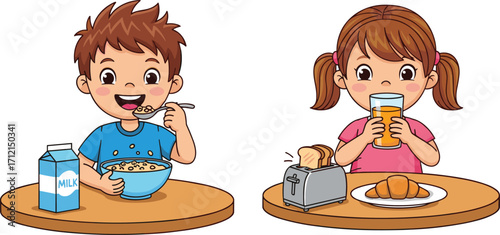 “Two children eating breakfast at table, boy with cereal and milk, girl with toast and eggs, healthy kids morning illustration”