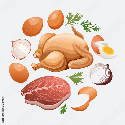 Ein Set aus frischem, rohem Hühnerfleisch und Eiern als Vektorillustration