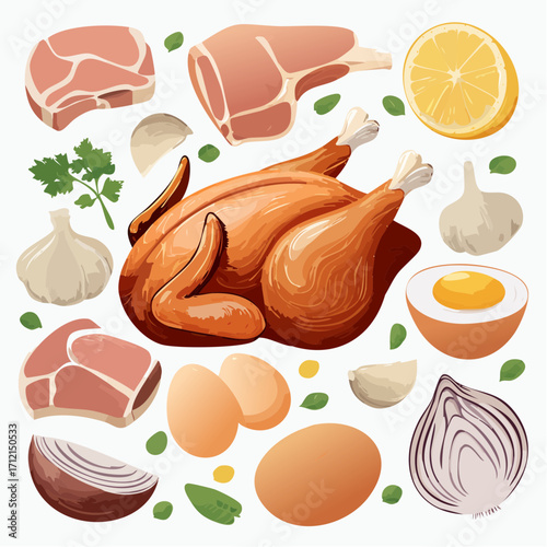 Ein Set aus frischem, rohem Hühnerfleisch und Eiern als Vektorillustration