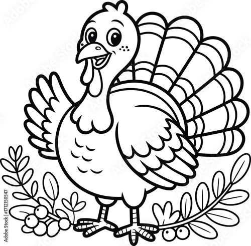 Cute cartoon turkey with fanned tail feathers and festive foliage perfect for thanksgiving coloring pages and holiday crafts
