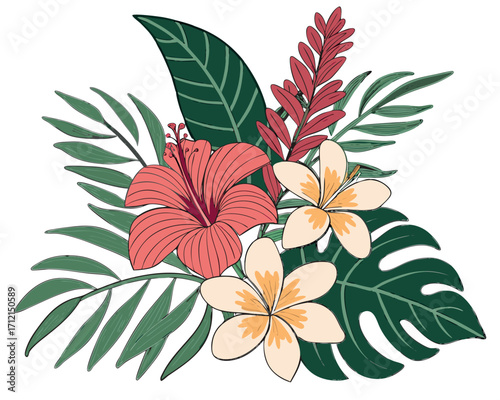 A tropical floral composition with orchids, hibiscus, passion flowers, and ginger blossoms surrounded by exotic green leaves