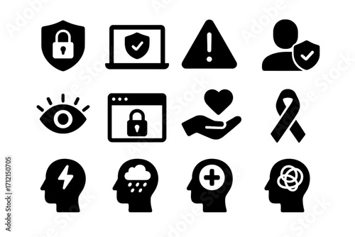 Cyber safety and mental health solid icon set. Vector symbols for web security, data protection, psychology, depression, anxiety, and online awareness. Digital wellness concept.