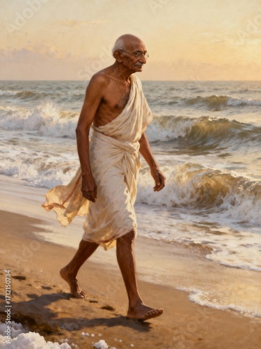 Mahatma gandhi walking on the beach at sunrise, a symbol of peace and independence