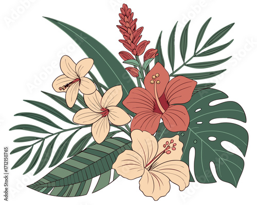 A tropical floral composition with orchids, hibiscus, passion flowers, and ginger blossoms surrounded by exotic green leaves