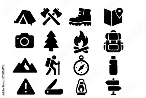 Adventure camping and hiking solid icon set. Outdoor exploration and travel glyph symbols. Vector collection of survival gear, nature, and recreation equipment silhouettes.