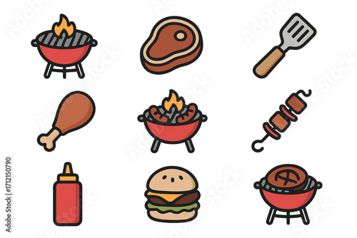 Barbecue grill icon set. Vector collection of cartoon food for summer picnic party. Includes steak, burger, sausage, kebab, chicken and cooking tools. Filled outline style.