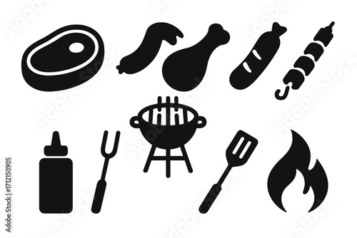 Barbecue and grill solid icon set. BBQ collection with steak, sausage, chicken leg, and kebab. Meat food pictograms for cooking. Vector glyph symbols like grill, fire, spatula.