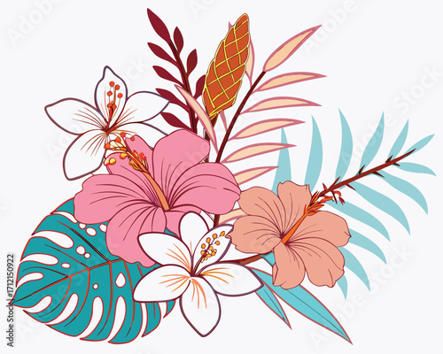 A tropical floral composition with orchids, hibiscus, passion flowers, and ginger blossoms surrounded by exotic green leaves