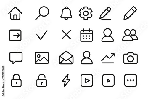 Essential line icon set. Simple minimalist icons for UI and UX design. Vector collection of universal symbols for web, mobile app interface, business, and social media.
