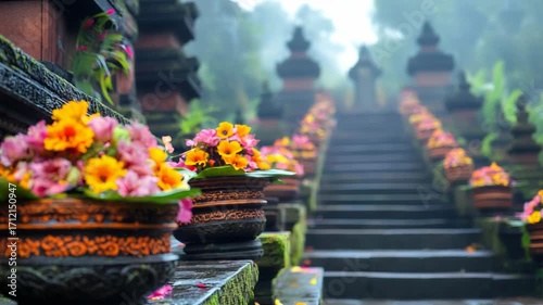 Serene ancient temple staircase adorned with vibrant blooming flowers and lush greenery