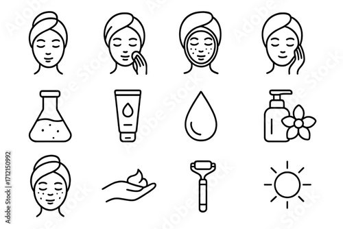 Beauty and skin care outline icon set. Facial treatment, cosmetology, and dermatology vector collection. Spa and self-care routine icons for cosmetics, face mask, cream.