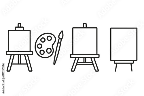Artist canvas on easel, paint palette with brush icon set. Line art collection for creative hobby, drawing or painting studio. Vector illustration of art supplies for workshop.