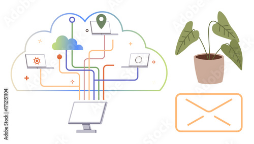 Cloud connected to multiple devices via colorful lines, plant in pot, envelope icon. Ideal for technology, data sharing, cloud services, remote work, communication, digital tools sustainable tech