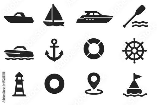 Boating and marine solid icon set. Nautical, yacht, and sea watercraft collection. Vector glyphs of anchor, helm, lighthouse, lifebuoy, and sailboat for web or app design.