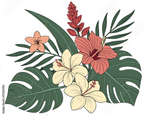 A tropical floral composition with orchids, hibiscus, passion flowers, and ginger blossoms surrounded by exotic green leaves