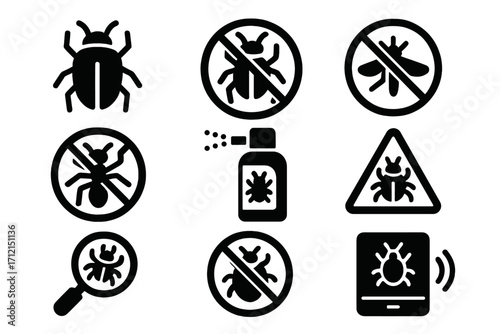 Pest control icon set. Bug alert and insect prevention solid glyph icons. Vector collection of warning signs, insecticide spray, parasite detection, and exterminator symbols.