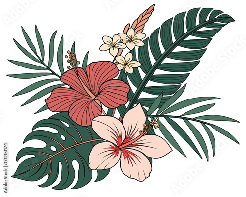 A tropical floral composition with orchids, hibiscus, passion flowers, and ginger blossoms surrounded by exotic green leaves