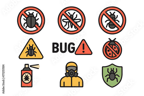 Bug pest alert filled icon set. Insect control and prevention icons. Vector cartoon illustration of exterminator, spray, and warning signs. Disinfection service symbols.