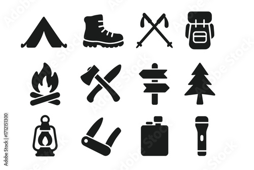 Camping and hiking solid icon set. Outdoor adventure, travel, and survival equipment symbols. Vector glyph collection of tent, backpack, campfire, axe, and boot icons.