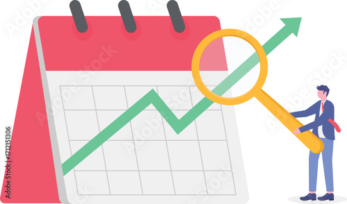 Schedule statistics concept with tiny character. A team of analysts plans a working week a month,
