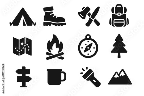Camping and hiking solid glyph icon set. Outdoor adventure and survival equipment symbols. Vector collection of black silhouettes: tent, fire, compass, map, and backpack.