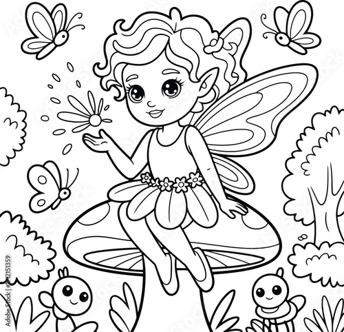 Enchanting illustration of a cute little fairy with delicate wings sitting on a mushroom surrounded by butterflies and whimsical creatures in a forest setting