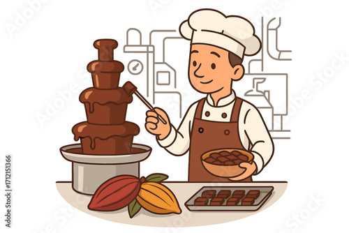 Chocolatier at work in factory kitchen. Pastry chef making candy with chocolate fountain. Confectioner with cacao pods and pralines. Gourmet dessert production process.