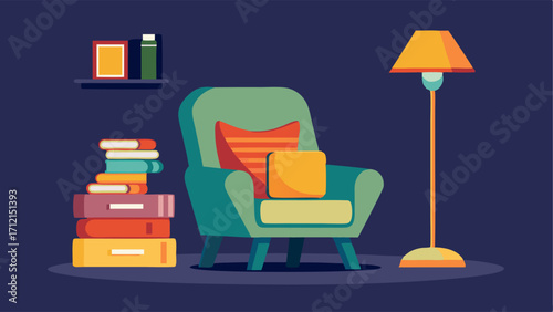 A cozy reading nook featuring a retrostyle armchair a floor lamp with a colorful shade and a stack of vintage books.