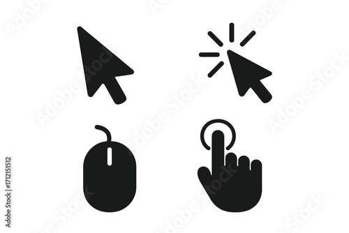 Cursor pointer icon set. Computer mouse silhouette and hand tap symbol collection. Digital finger press, click action elements. Vector pictogram for website ui, app gui design.