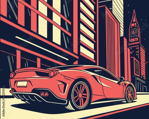 A sleek modern sports car in vibrant red with shiny reflections, parked on a city street at night, with glowing neon lights and skyscrapers in the background.